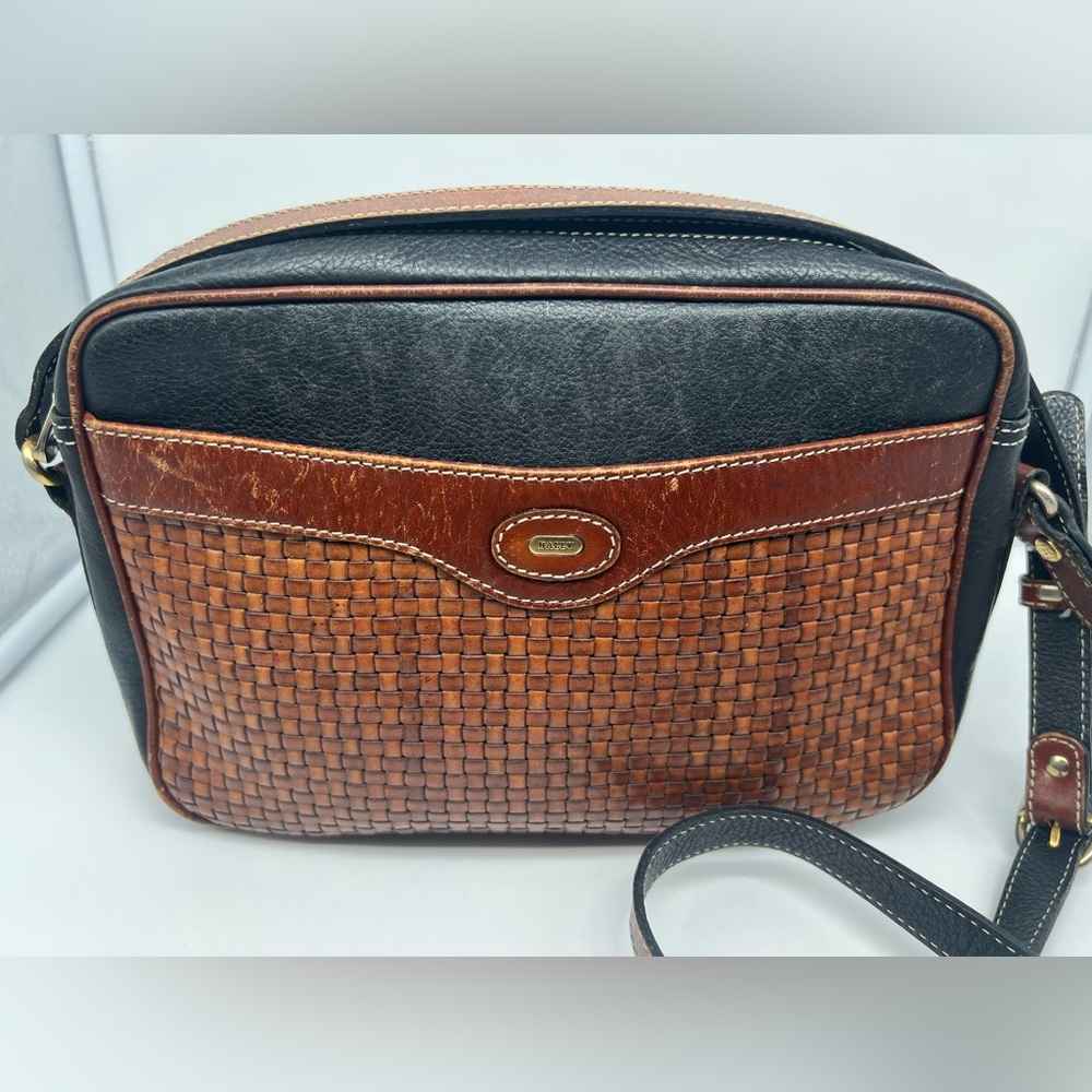 Vintage Bally Cognac Brown Black Leather Basket Weave Crossbody Camera Bag